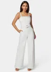 Bebe White Braided Wide Leg Denim Jumpsuit In Soft White Wash