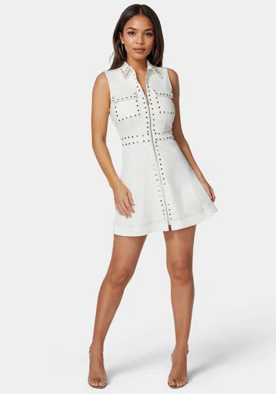 Bebe White Studded Fit And Flare Denim Dress In Soft White Wash