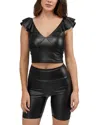 Bebe Coated Knit Ruffle Sleeve Top In Black