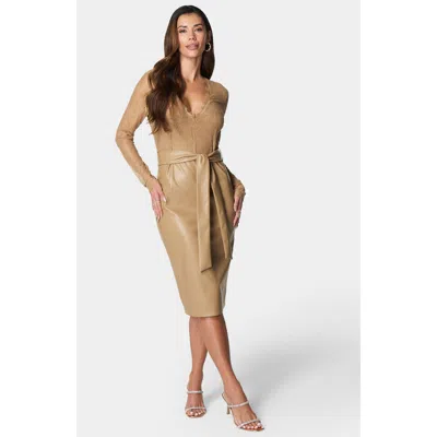 Bebe Vegan Leather Lace Midi Dress In Camel