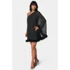Bebe One Shoulder Feather Cape Dress In Black