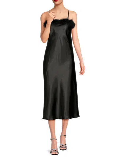 Bebe Women's Feather Trim Midi Satin Slip Dress In Black