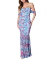 Bebe Off Shoulder Ruched Mesh Gown In Blue Multi