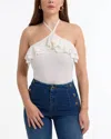 Bebe Halter Lurex Sweater Ruffle Top In White