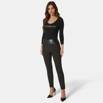 Bebe Women's High Waist Vegan Leather Yoke Woven Twill Slim Leg Pant In Black
