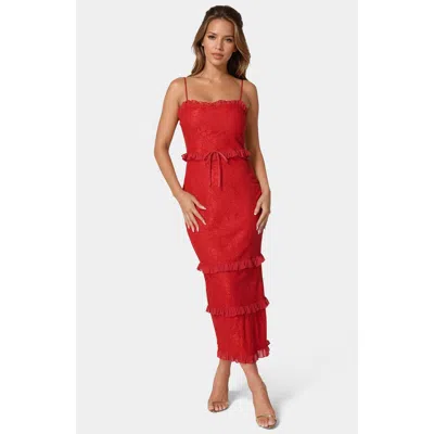 Bebe Women's Lace Maxi With Ruffle Dress In Red