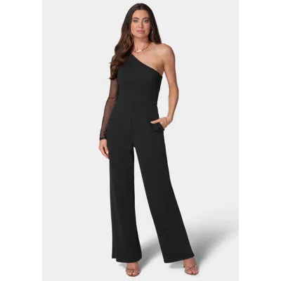 BEBE WOMEN'S LONG SLEEVE MESH ONE SHOULDER JUMPSUIT