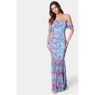 Bebe Off Shoulder Ruched Mesh Gown In Blue Multi