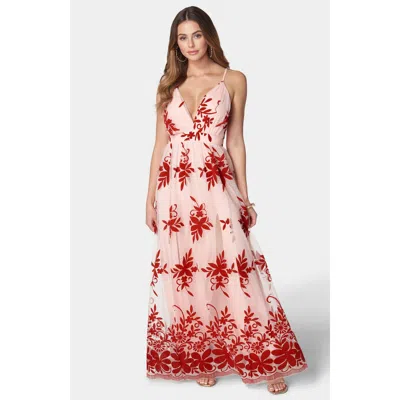 Bebe Plunge Neck Embroidered Maxi Dress In Pink