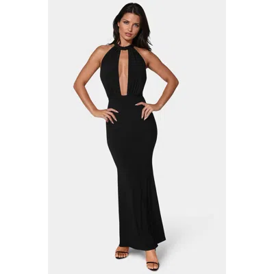 Bebe Plunge Neck Halter Floor Length Dress In Black