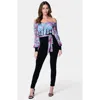 Bebe Printed Mesh Off Shoulder Catsuit In Blue