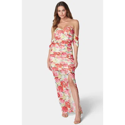 BEBE WOMEN'S PRINTED OFF SHOULDER MESH DRESS
