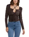 Bebe Puff Sleeve Coated Ruched Top In Black