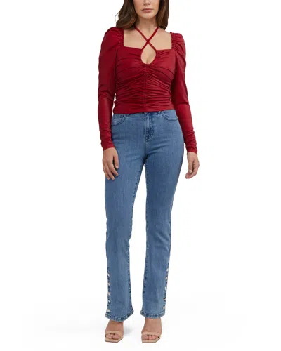 Bebe Women's Puff Sleeve Coated Ruched Top In Red