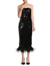 Bebe Sequin Strapless Midi Dress With Feather Trim In Black