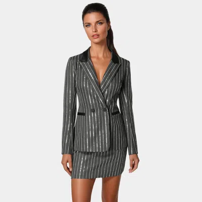 BEBE WOMEN'S STRIPE SEQUINS DOUBLE BREASTED BLAZER