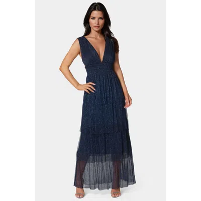 Bebe Women's Tiered Plunge Neck Lurex Midi Dress In Blue