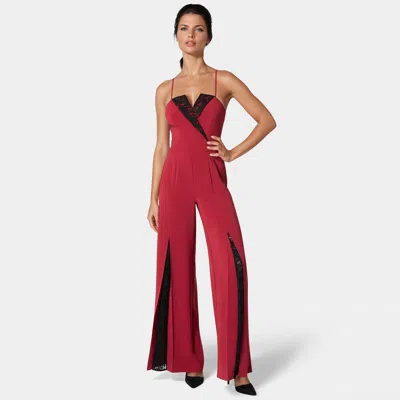 BEBE WOMEN'S TUXEDO LACE COMBO ULTRA WIDE LEG JUMPSUIT