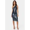 Bebe Zebra Sequin One Shoulder Midi Dress In Blue