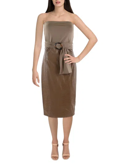 Bebe Vegan Leather Belted Strapless Midi Dress In Brown