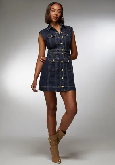 Bebe X Ciara Button Front Braided Waist Denim Dress In Dark Indigo Wash