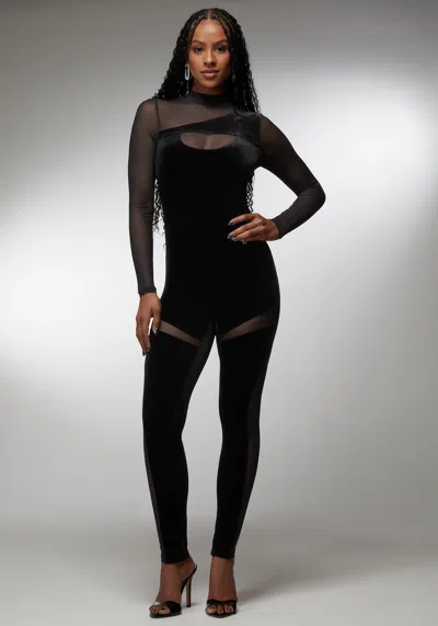 Bebe X Ciara Combo Velour And Mesh Catsuit In Black