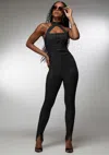 Bebe X Ciara Halter Multi Zip Slim Leg Denim Jumpsuit In Washed Out Black
