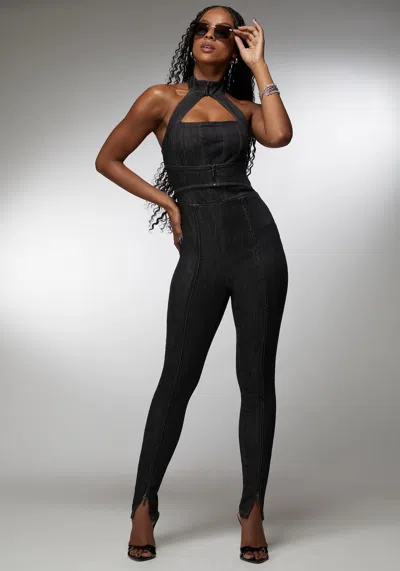 Bebe X Ciara Halter Multi Zip Slim Leg Denim Jumpsuit In Washed Out Black