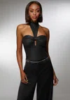 Bebe X Ciara Mock Neck Halter Coated Knit Bodysuit In Black