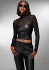 Bebe X Ciara Mock Neck Mesh Combo Vegan Leather Top In Black