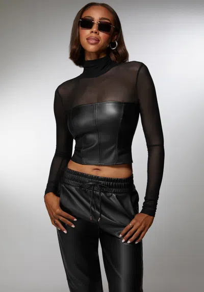 Bebe X Ciara Mock Neck Mesh Combo Vegan Leather Top In Black