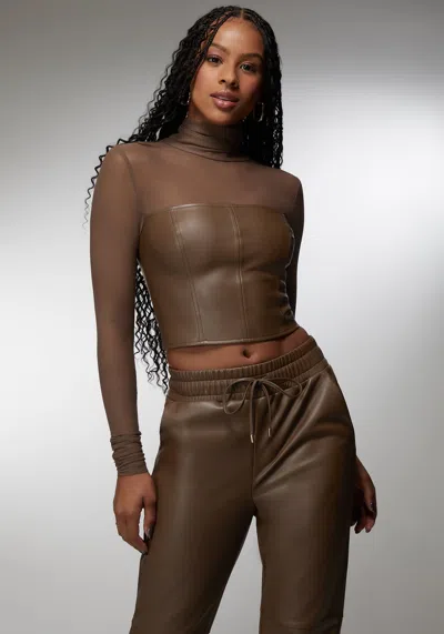 Bebe X Ciara Mock Neck Mesh Combo Vegan Leather Top In Chestnut