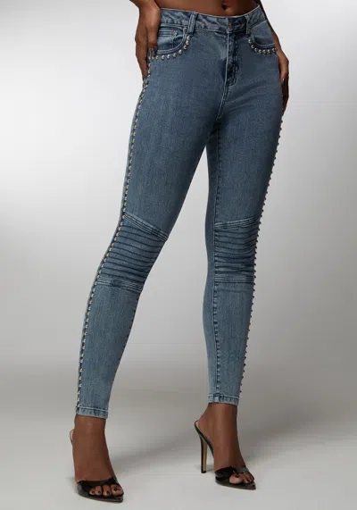 Bebe X Ciara Natural Waist Studded Skinny Jean In River Blue Wash