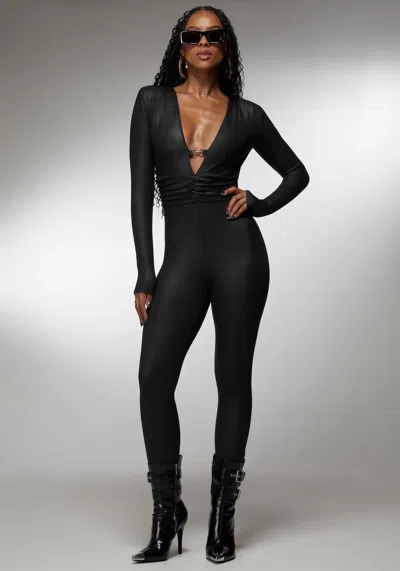 Bebe X Ciara Plunging V-neck Metal Trim Detail Catsuit In Black