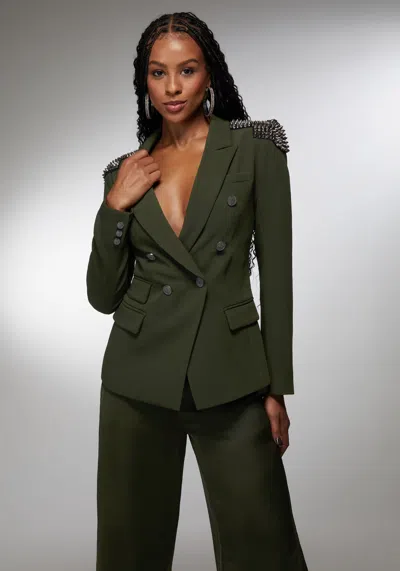 Bebe X Ciara Studded Shoulder Double Breast Tailored Blazer In Olive