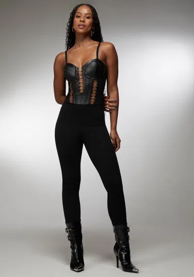 Bebe X Ciara Vegan Leather Combo Ring Detail Pdr Catsuit In Black