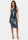 Bebe Zebra Sequin One Shoulder Midi Dress In Black,blue