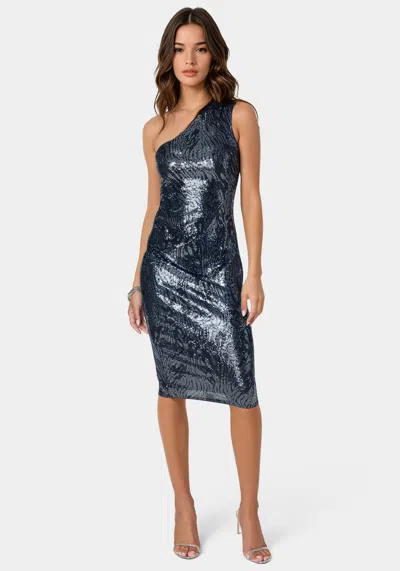 Bebe Zebra Sequin One Shoulder Midi Dress In Black,blue