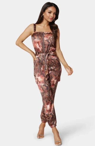 Bebe Zip Front Jogger Jumpsuit In Brown