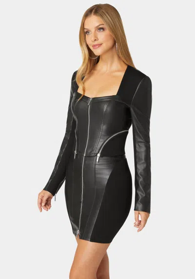 Bebe Zip Front Vegan Leather Pdr Combo Top In Black