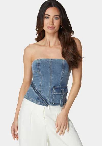 Bebe Zipper And Cargo Detail Denim Top In Medium Blue Wash