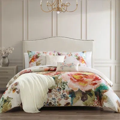 Bebejan Antique Flowers 100% Cotton Sateen 5 Piece Reversible Comforter Set In Ivory