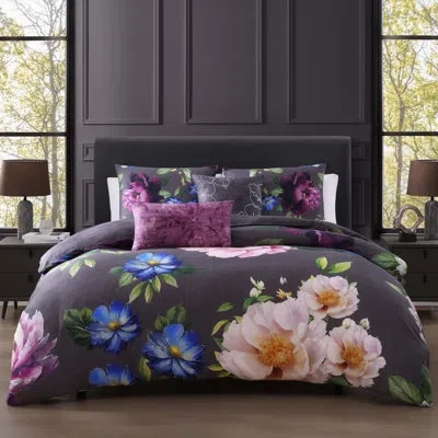Bebejan Elegant Blossoms 100% Cotton Sateen 5 Piece Reversible Comforter Set In Gray