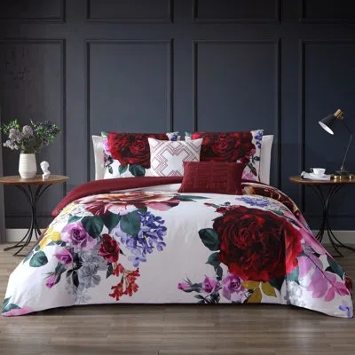 Bebejan Magenta Floral 100% Cotton Sateen 5 Piece Reversible Comforter Set In Red
