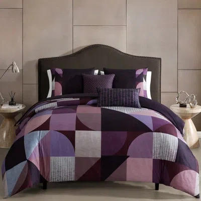 Bebejan Orchid Matrix  100% Cotton Sateen 5 Piece Reversible Comforter Set In Purple