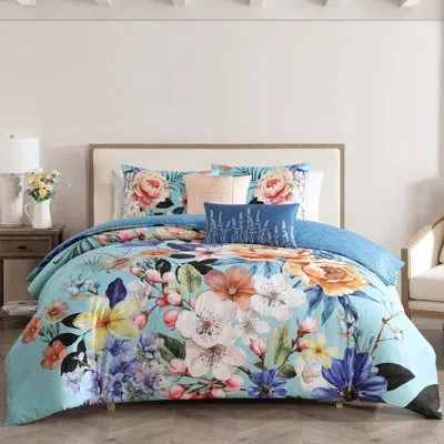 Bebejan Turquoise Reverie 100% Cotton Sateen 5 Piece Reversible Comforter Set In Teal