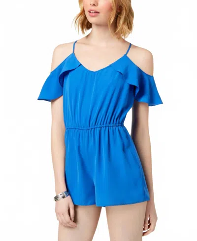 Bebop Sleeveless Ruffled Solid Romper In French Blue