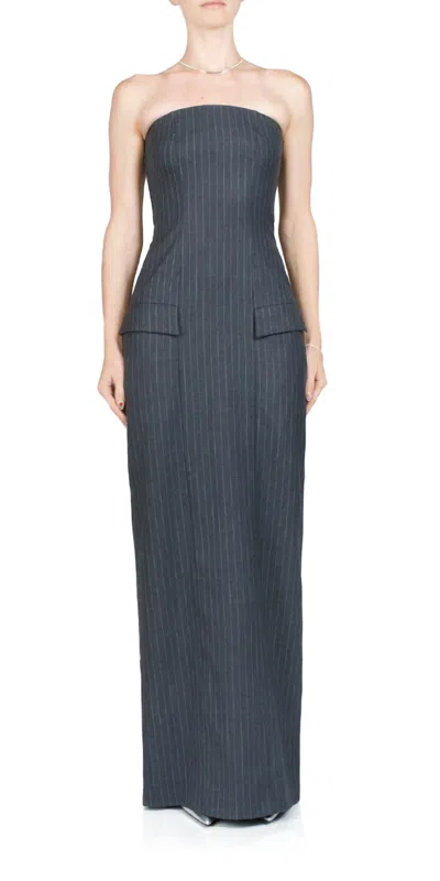 Bec & Bridge Pine Strapless Maxi Dress In Charcoal Pinstripe In Blue