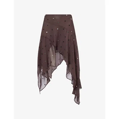 Bec & Bridge Womens Dark Chocolate Sequin Arielle Asymmetric Woven Mini Skirt In Brown