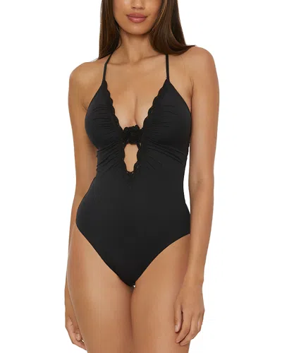 Becca By Rebecca Virtue Colette Crochet Flower Plunge One Piece Swimsuit In Black